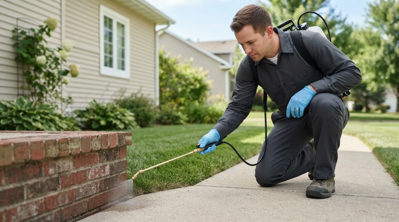 Pest control technician treating a home near West Elkton, OH