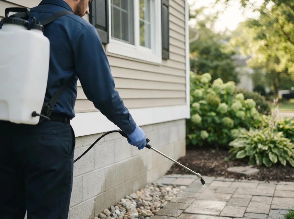 Pest control technician inspecting a home in West Elkton, OH